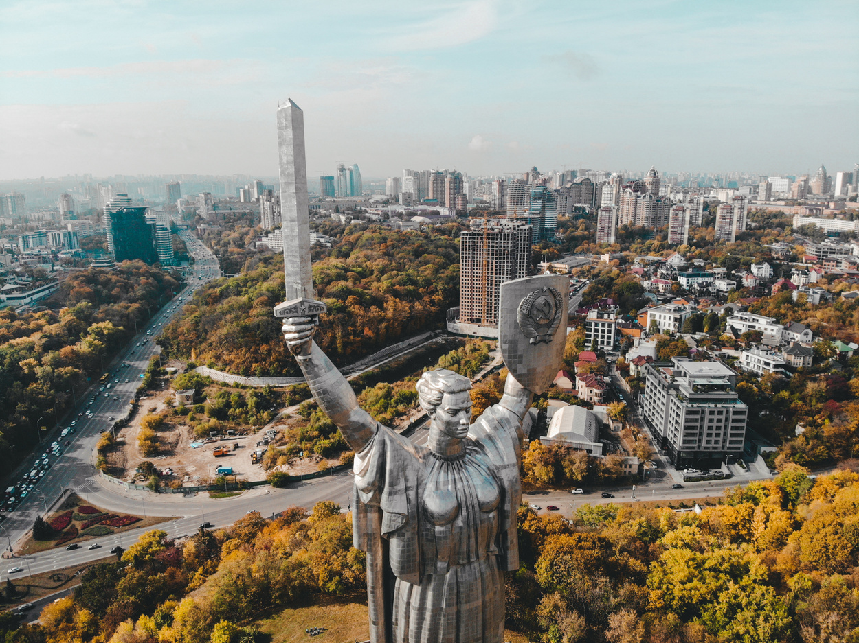 Big Statue over City in Ukraine